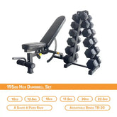 195kg hex dumbbell with rack and bench
